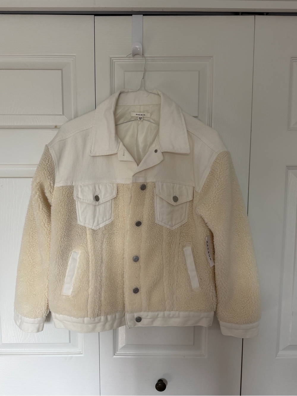 PacSun Cream Sherpa Jean Jacket with Canvas Yoke
